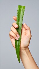 Hand holding a fresh aloe vera leaf against a plain background