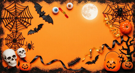 Spooky Halloween border with bats, spiders, skulls, pumpkins, and moon creates festive fun