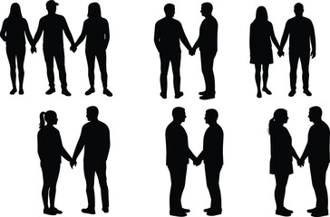 Silhouette of couples and people holding hands together, relationship bonding, love unity concept, friendship support illustration, teamwork connection, partnership cooperation design