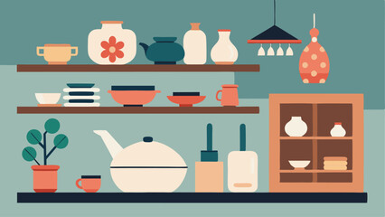 A clean and simple kitchen with open shelves displaying a mix of Japanese and Scandinavian ceramics adding a touch of personality and cultural fusion to the space.