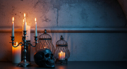 Spooky Halloween scene with skull, flickering candles, and vintage birdcages casting eerie shadows