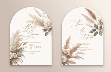 Wedding Arch Invitation with dried flowers. Abstract floral art background vector design for wedding and vip cover template.