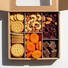 3D gluten free snack box with nuts dried fruits crackers and dark chocolate, healthy assortment, top view

