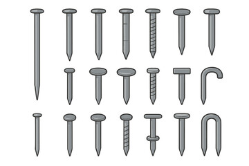 A large set of various metal nails, tacks, and staples. Construction and carpentry hardware tools. Metal fasteners collection. Vector cartoon illustration icons isolated.