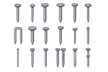 Vector set of different construction nails. Collection of metal hardware fasteners for carpentry and woodworking. Various iron nail types and sizes icon set illustration.