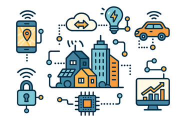 Smart city technology and Internet of Things (IoT) concept. Vector icons of connected devices, urban infrastructure, data analytics, transport, and energy management system.