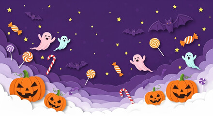 Whimsical Halloween scene with playful ghosts, pumpkins, bats, and candy under starry skies