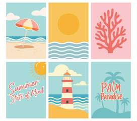 Summer Beach Vector Posters Set – Coastal Holiday Art, Pastel Collection, Retro Sun, Coral, Palm Paradise, Lighthouse Illustration