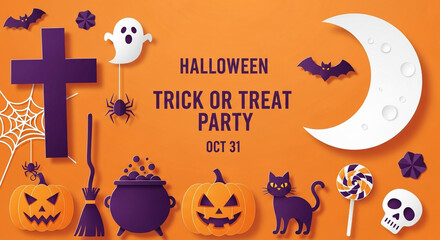 Spooky Halloween Trick or Treat Party invitation with pumpkins, bats, ghosts and moon