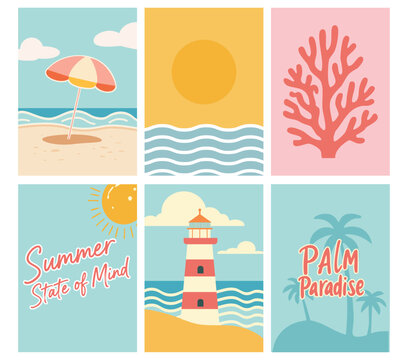 Summer Beach Vector Posters Set &ndash; Coastal Holiday Art, Pastel Collection, Retro Sun, Coral, Palm Paradise, Lighthouse Illustration