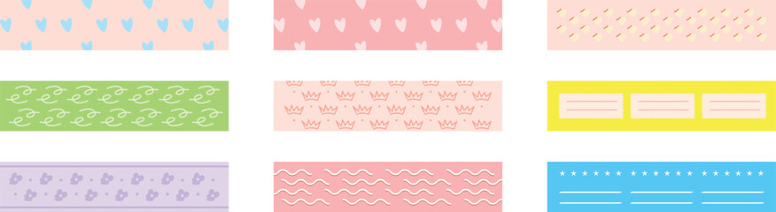 A set of cute pieces of torn scotch tape with colorful prints. Trendy scrapbooking elements with realistic texture.