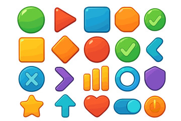 Unique collection of colorful geometric buttons and icons for digital interface design, bright cartoon-style vector set with transparent background, various shapes and symbols for UI and UX elements