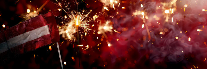 Celebration of independence day in latvia with sparkling fireworks. Proclamation Day of the Republic of Latvia. Horizontal banner. Copy space. Flag of Latvia and sparklers