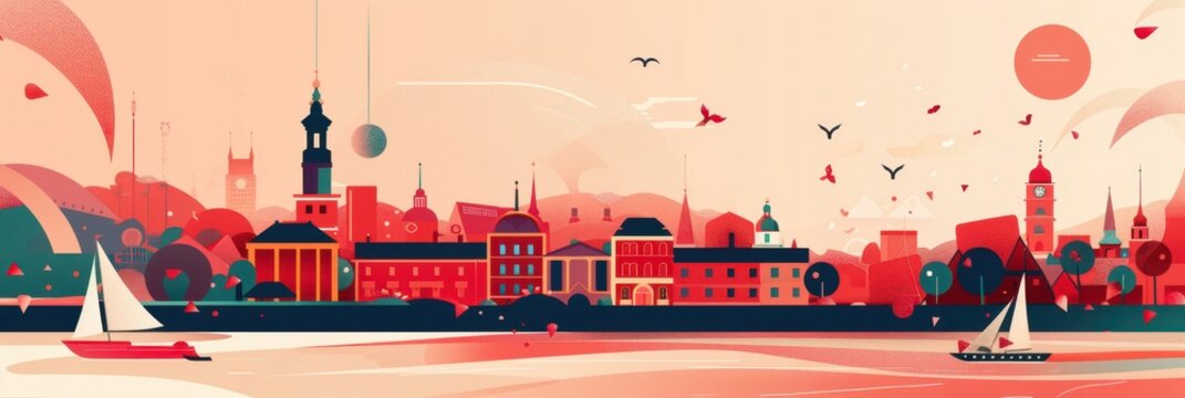 Latvia independence day celebration with scenic city skyline and boats. Proclamation Day of the Republic of Latvia. Horizontal banner. Copy space. View of Old Riga. Flat illustration