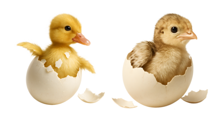 Yellow duckling and chick hatching from eggs on a transparent background. Zoo. Educational materials. Children's books.