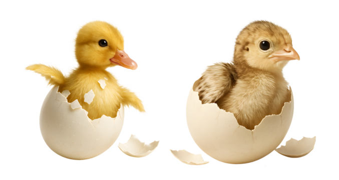 Yellow duckling and chick hatching from eggs on a transparent background. Zoo. Educational materials. Children's books.