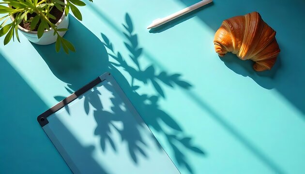 Top-down view of a creative desk in a pastel workspace on a light blue background