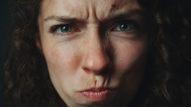 Close-up portrait of a woman with a deeply furrowed brow and pursed lips, powerfully conveying intense frustration, skepticism, or strong disapproval