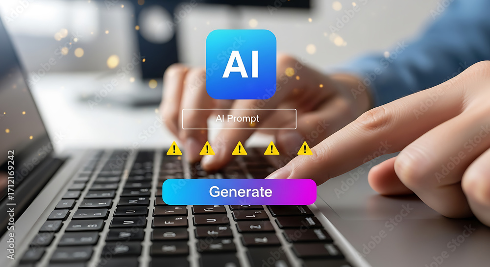 Poster person using laptop to generate ai content with caution notifications showing possible risks