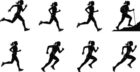 Silhouette of woman running and hiking, female athlete jogging isolated, fitness exercise pose, outdoor adventure activity, healthy lifestyle concept