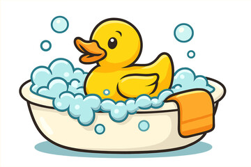 Bright yellow rubber duck in a bubbly bathtub. Vector cartoon illustration for kids. Baby shower and hygiene concept. Cute ducky toy swimming in soap foam with a towel.