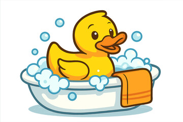 Rubber duck vector illustration. Cute yellow ducky toy in bathtub with soap foam and bubbles. Bathtime fun for kids. Concept of bathing, cleanliness, hygiene, childhood.