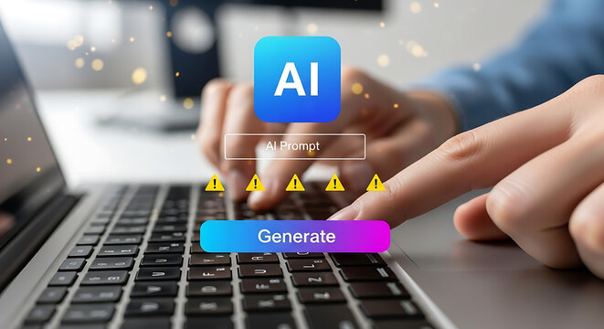 Person using laptop to generate ai content with caution notifications showing possible risks - Powered by Adobe