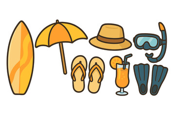 Beach vacation travel set. Summer holiday essentials. Surfboard, umbrella, flip-flops, hat, cocktail, snorkel, fins. Ocean sea relaxation sport icons. Vector flat cartoon design.