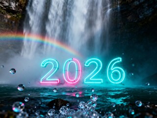 Neon 2026 digits emerge through misty waterfall with rainbow