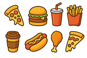 Fast food vector icon set. Cartoon junk food illustration collection with hamburger, pizza slice, hot dog, french fries, chicken drumstick, soda and coffee for menu design.