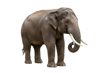 A full shot of a magnificent elephant, standing majestically against a plain black backdrop, showcasing its detailed gray skin and ivory tusks.