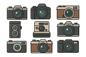 Set of retro and modern camera icons. Vector illustration collection of photography equipment symbols. Vintage, DSLR, and instant photo camera graphic design elements.