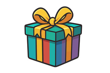 Obraz premium Colorful gift box vector icon for celebration and holidays. Cartoon present with a big yellow ribbon bow for a birthday, Christmas, or anniversary surprise. Isolated graphic.