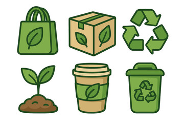 Eco friendly icon set for sustainability and green living. Vector icons for recycling, packaging, conservation. Reusable bag, coffee cup, eco box, sprout, zero waste concept.