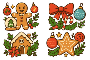Cute Christmas holiday cartoon vector set. Gingerbread man, house, star cookie illustration. Festive winter decoration with ornaments, snow globe, holly, and candy cane.