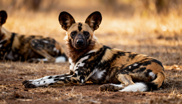 a wild african dog (lycaon pictus) is lying down in the savanna