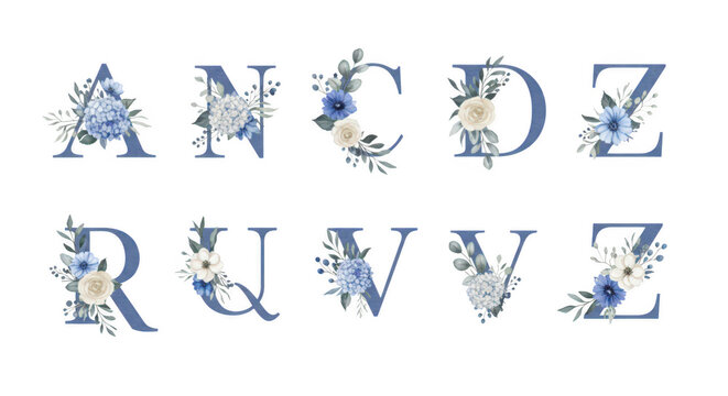Floral Alphabet: A beautifully crafted alphabet letter set, each adorned with elegant watercolor floral bouquets, perfect for wedding invitations, greeting cards, and personalized designs.