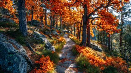 Obraz premium Scenic autumn pathway winding through vibrant orange foliage and rocky terrain, surrounded by tall trees, inviting exploration and connection with nature's beauty and tranquility