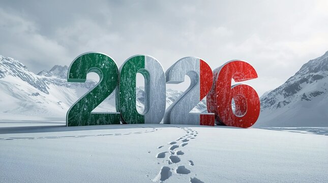 2026 Winter Olympics in Italy symbol with giant 3D numbers in Italian flag colors on snowy mountain landscape, international sports event in Milan Cortina d&rsquo;Ampezzo