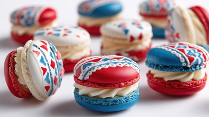 Fototapeta premium Colorful decorated macarons showcase intricate designs and sweet fillings at a dessert table during a festive gathering