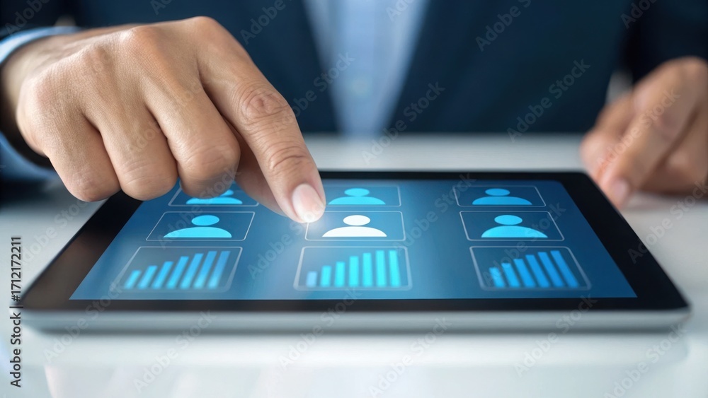 Poster employee interacting with digital interface using pinching gesture