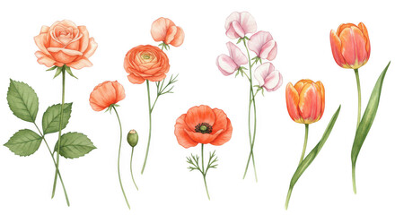 Obraz premium Floral Flourish: A vibrant watercolor illustration showcasing an assortment of delicate and colorful flowers, including roses, poppies, tulips, ranunculus, and sweet peas.
