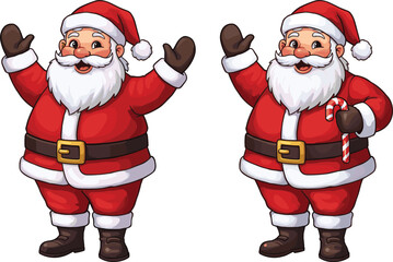 Santa Claus illustrations, festive poses, candy cane, red suit, cheerful character, holiday icon, Christmas joy, winter celebration, cartoon design
