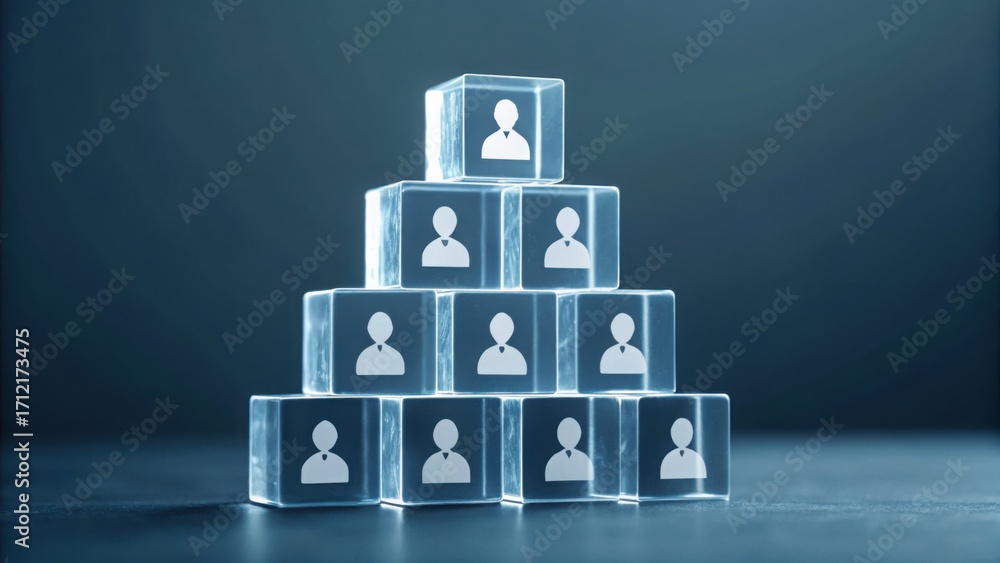 Poster transparent cubes with employee icons forming a hierarchical structure