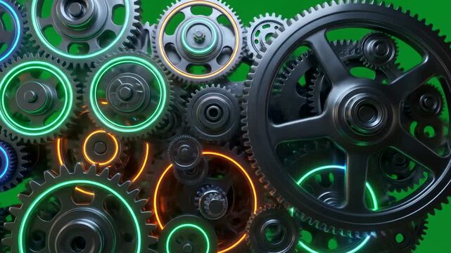 Complex mechanical gears with vibrant neon-colored outlines against a solid green background.