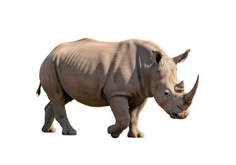 A full shot of a large, light gray rhinoceros, isolated against a black background, showcasing its powerful physique and detailed skin texture.