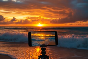 Stunning sunset over ocean captured on smartphone at beach