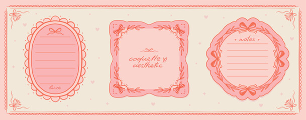 Coquette Vintage Girly Notepaper Set. Retro decorative stationery frames, cute floral paper, pastel journal embellishments, planner stickers, whimsical scrapbooking, handdrawn vector art
