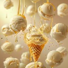 Creamy vanilla ice cream cone drenched in honey surrounded by scoops a delightful summer treat with