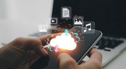 Hand using mobile smart phone with cloud computing technology, file sharing and data transfering in online business, for applications and social media concept.